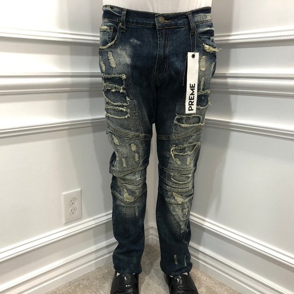 Preme Distressed Moto Jeans Streetwear Indigo A6